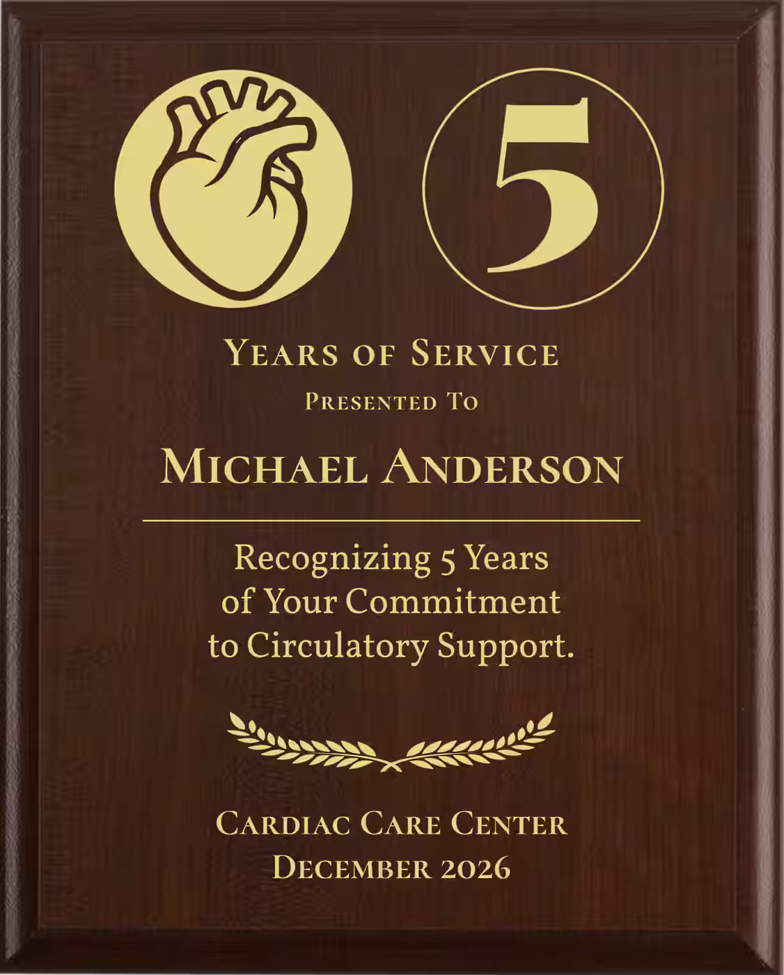 Perfusionist Years of Service Award - Plaque says: Recognizing Years of Your Commitment to Circulatory Support