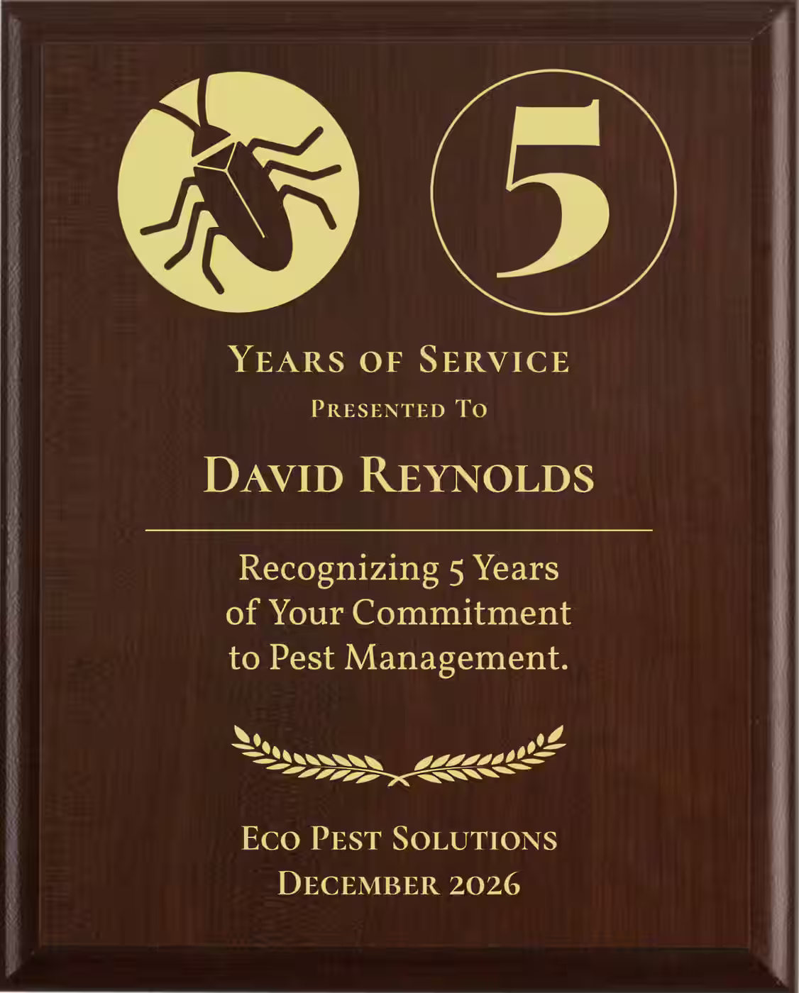 Pest Control Years of Service Award - Plaque says: Recognizing Years of Your Commitment to Pest Management
