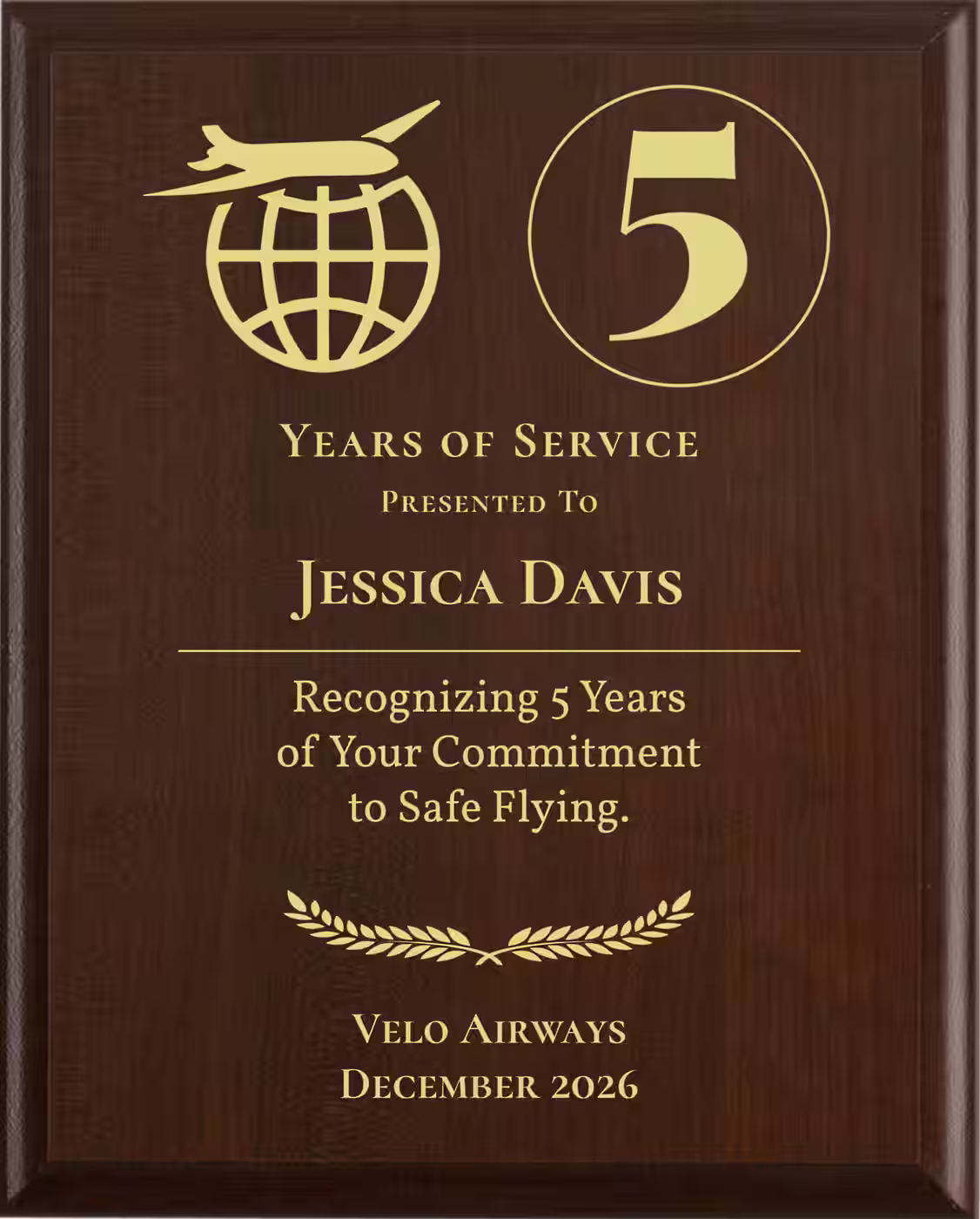 Pilot Years of Service Award - Plaque says: Recognizing Years of Your Commitment to Safe Flying