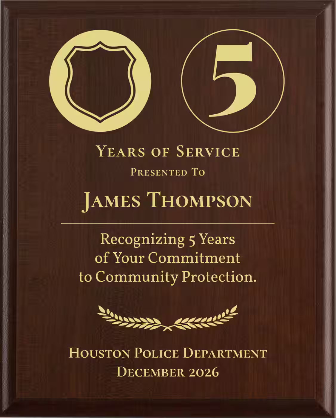 Police Years of Service Award - Plaque says: Recognizing Years of Your Commitment to Community Protection