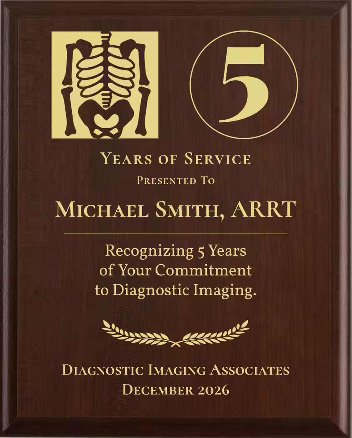 Radiologic Technologist Years of Service Award - Plaque says: Recognizing Years of Your Commitment to Diagnostic Imaging