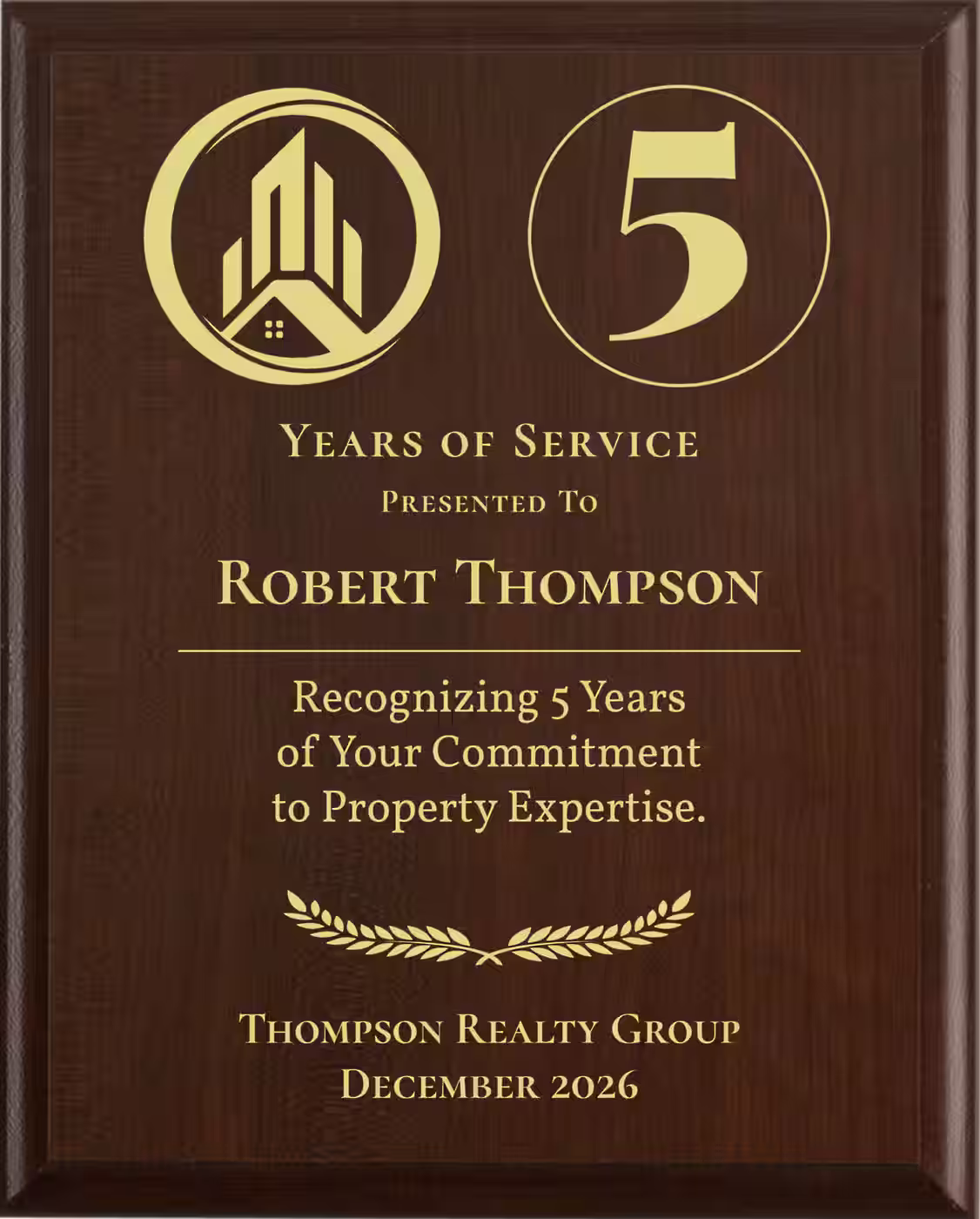 Real Estate Agent Years of Service Award - Plaque says: Recognizing Years of Your Commitment to Property Expertise