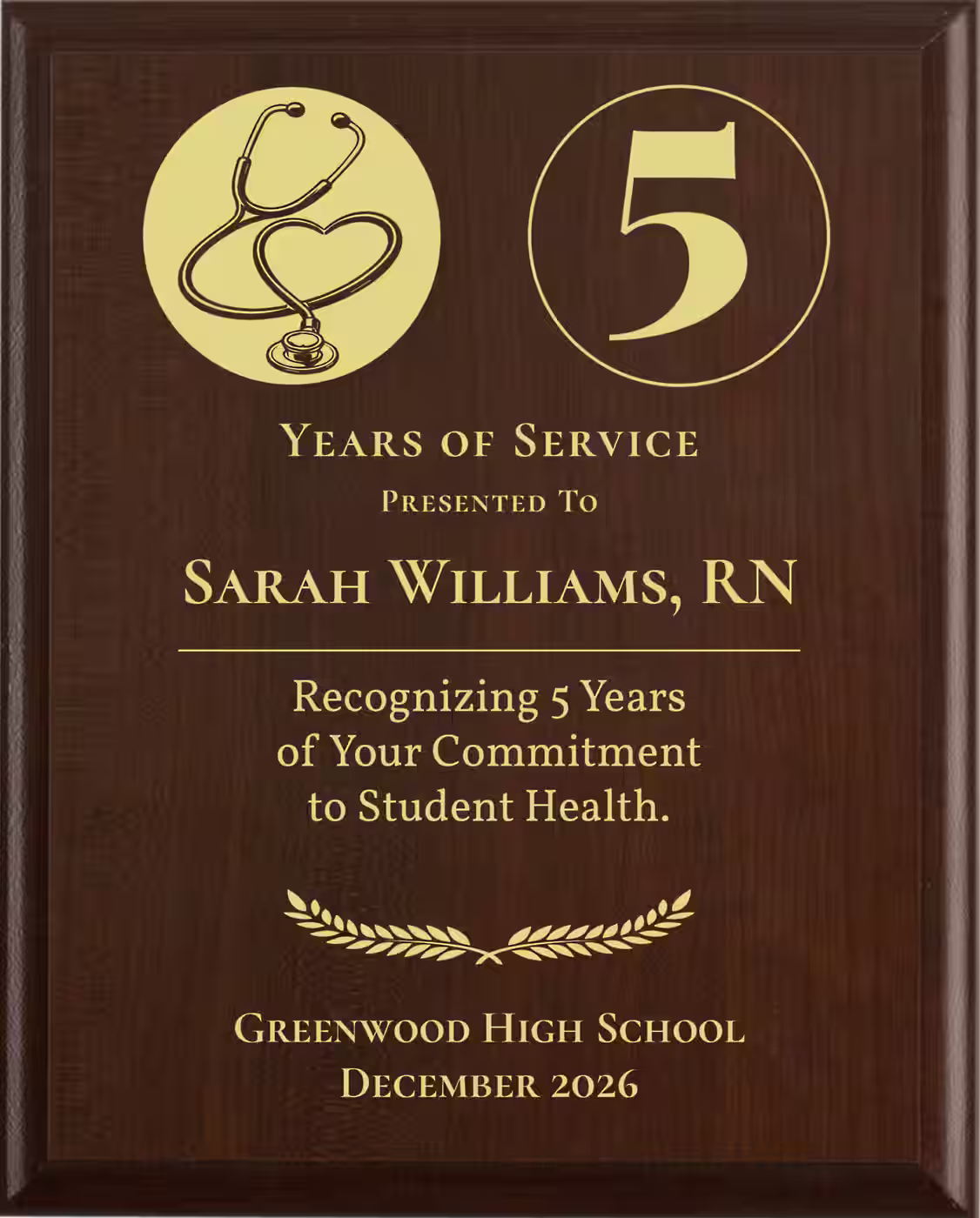 School Nurse Years of Service Award - Plaque says: Recognizing Years of Your Commitment to Student Health