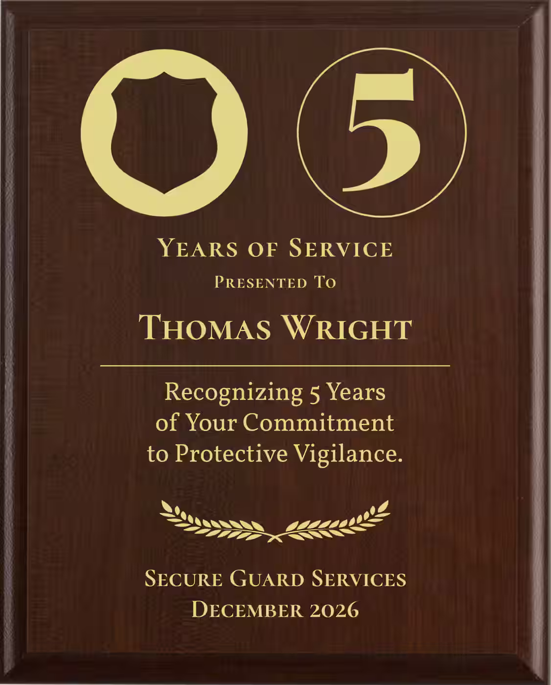 Security Guard Years of Service Award - Plaque says: Thank you for your 5 years of dedicated service as a security guard. Your vigilance and commitment have greatly contributed to the safety of our premises.