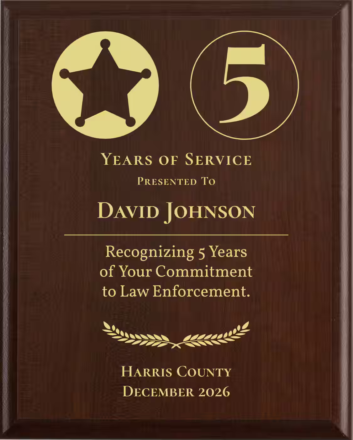 Sheriff Years of Service Award - Plaque says: Recognizing Years of Your Commitment to Law Enforcement