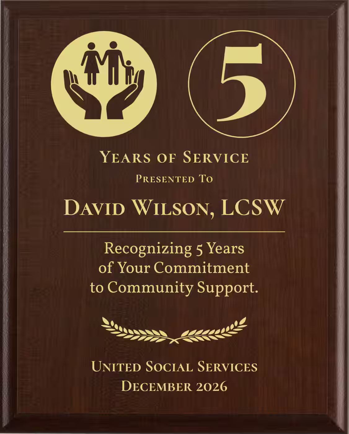 Social Worker Years of Service Award - Plaque says: Recognizing Years of Your Commitment to Community Support