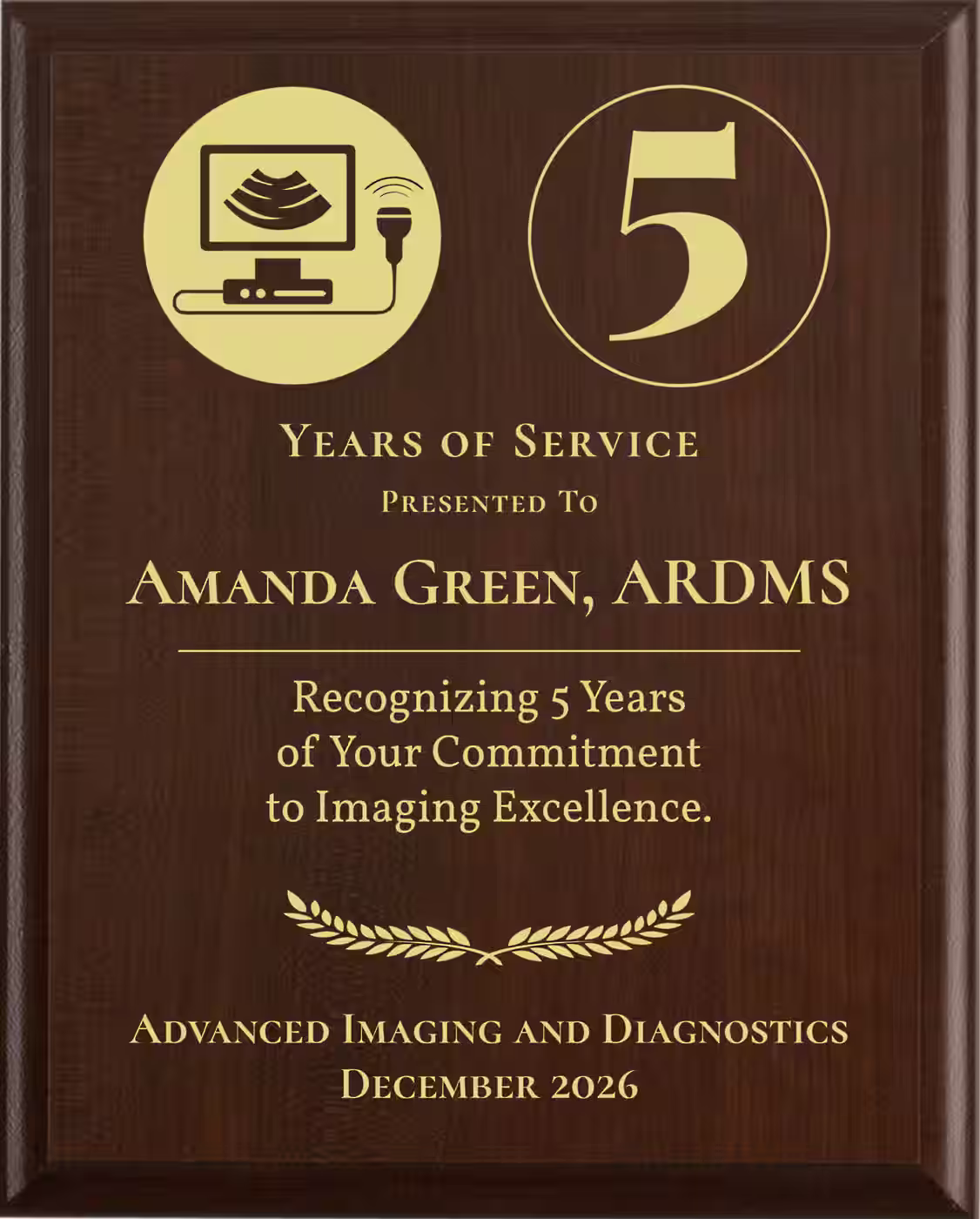 Sonographer Years of Service Award - Plaque says: Recognizing Years of Your Commitment to Imaging Excellence