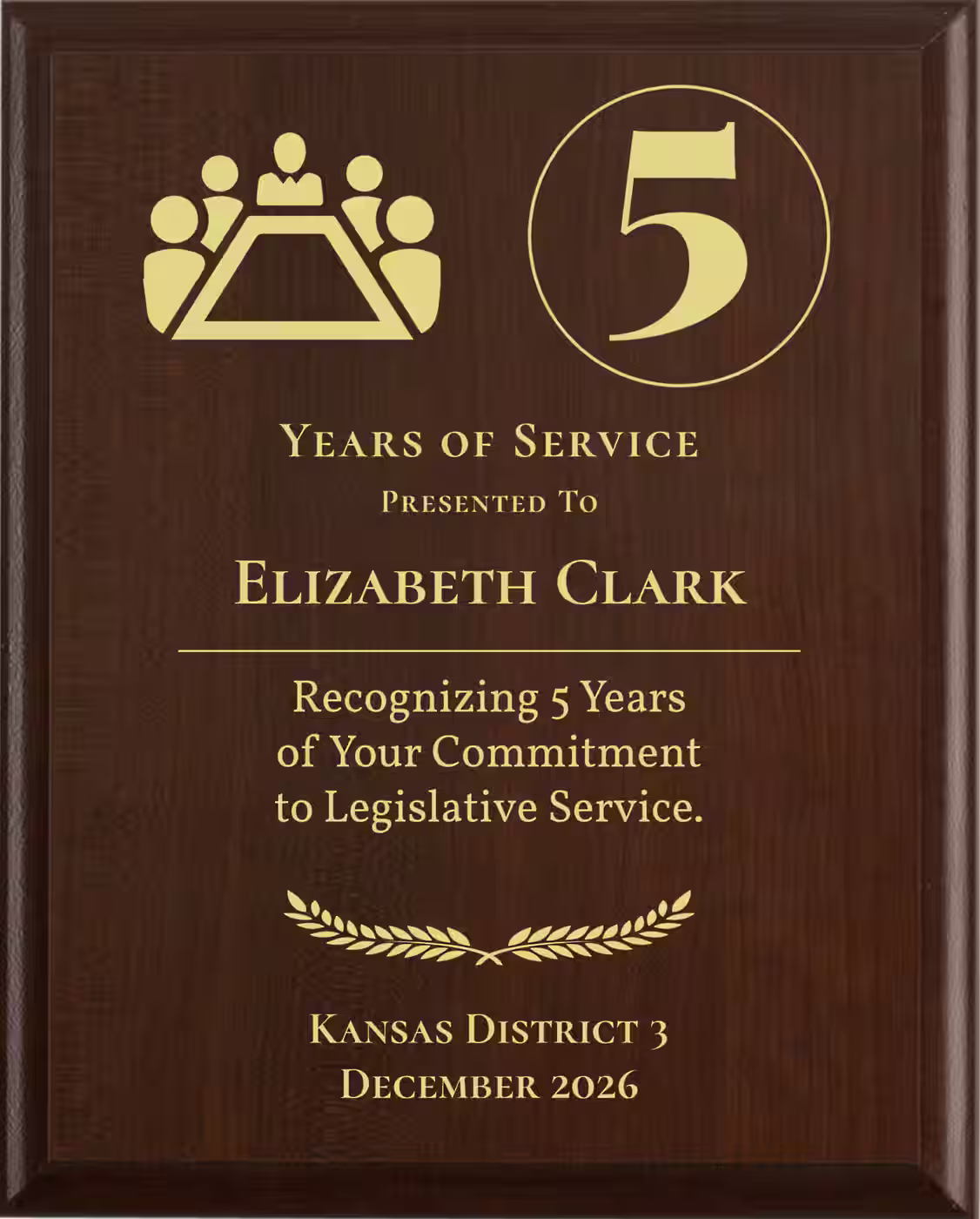 State Representative Years of Service Award - Plaque says: Recognizing Years of Your Commitment to Legislative Service