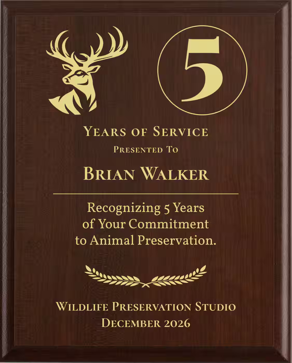 Taxidermist Years of Service Award - Plaque says: Recognizing Years of Your Commitment to Animal Preservation