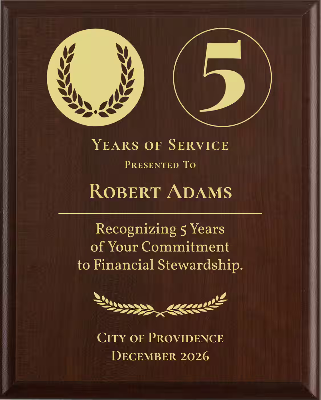 Treasurer Years of Service Award - Plaque says: Recognizing Years of Your Commitment to Financial Stewardship