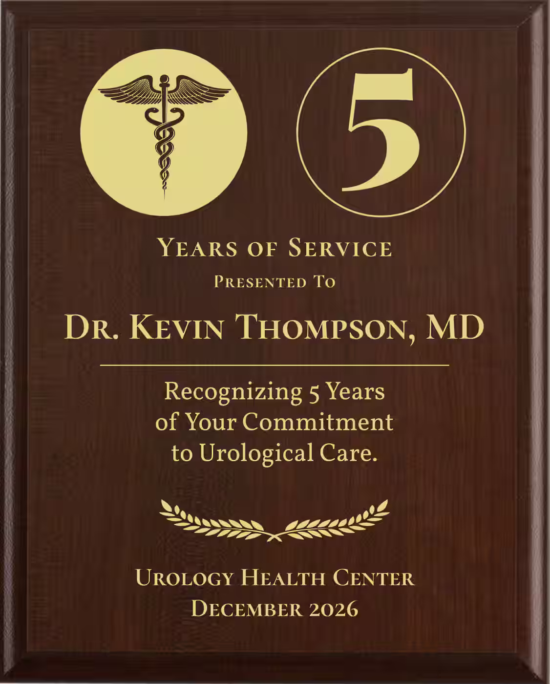 Urologist Years of Service Award - Plaque says: Recognizing Years of Your Commitment to Urological Care