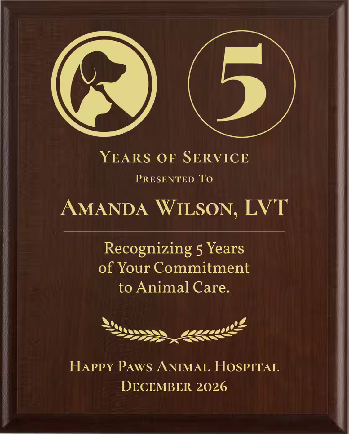 Vet Tech Years of Service Award - Plaque says: Recognizing Years of Your Commitment to Animal Care