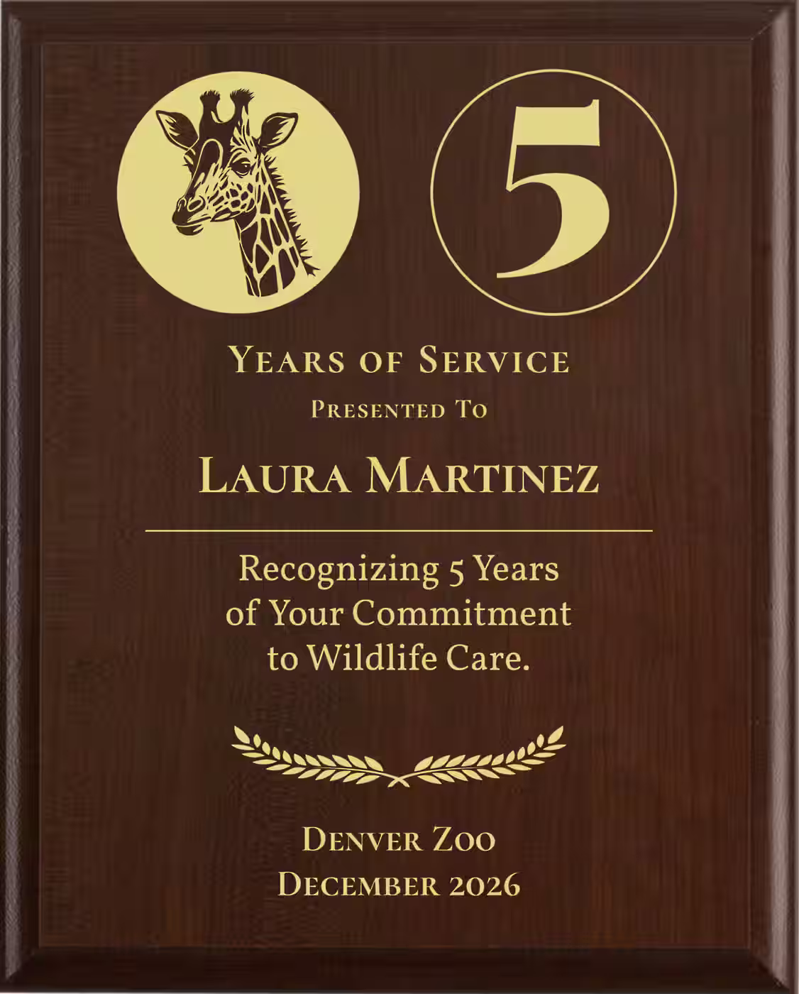 Zookeeper Years of Service Award - Plaque says: Recognizing Years of Your Commitment to Wildlife Care